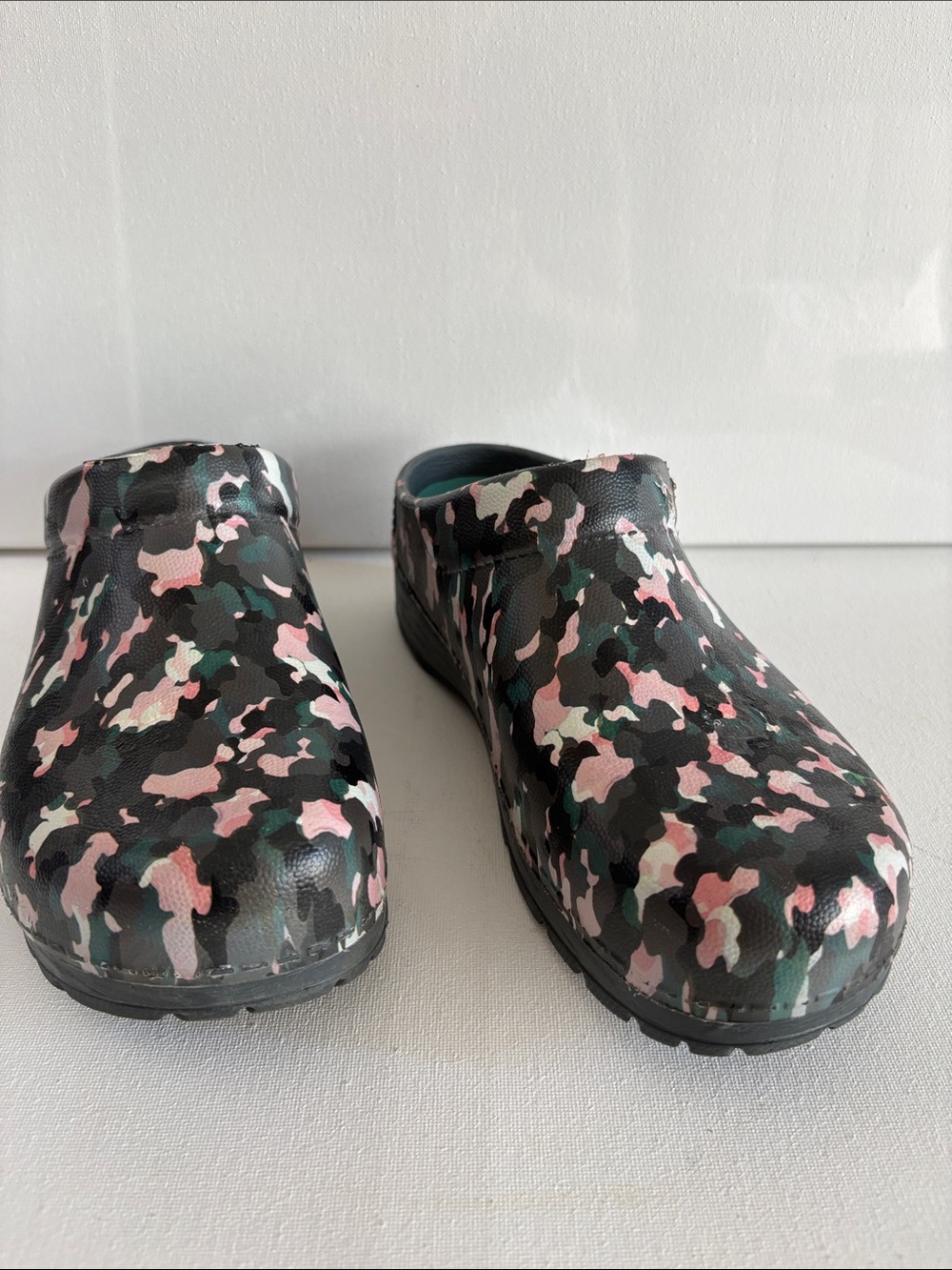 Dansko Camo Slip-On Clogs in Pink, Green & Black